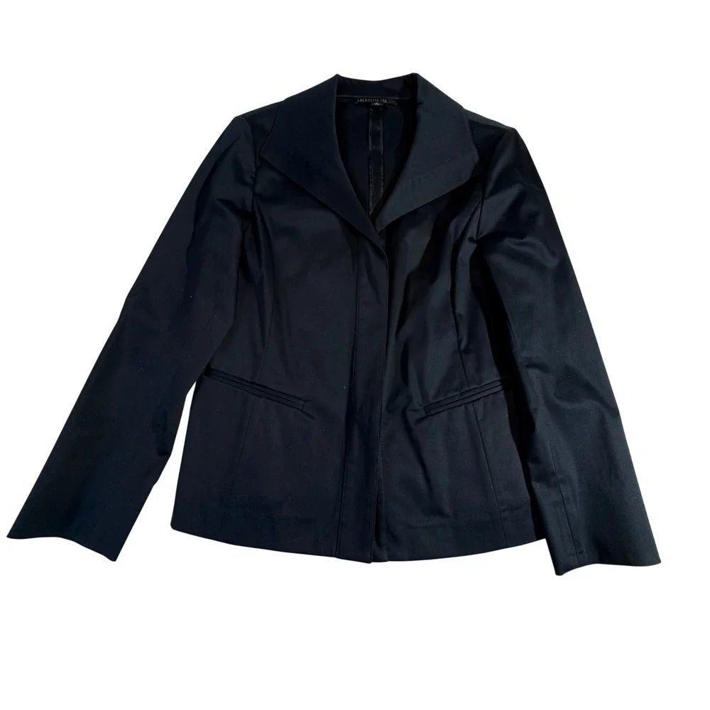 Lafayette 148 Cotton Blazer Size 8 Black Oversized Lapel Hidden Closure